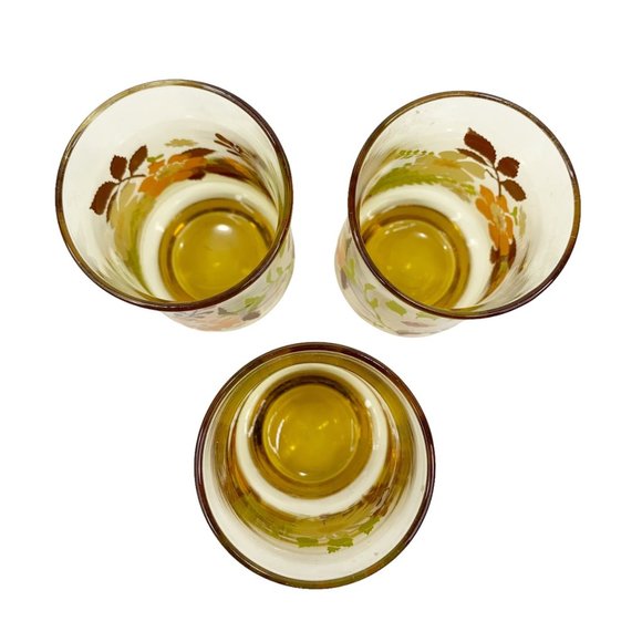 3 Vintage Amber Juice Glass 4" Drink Drinking 6 oz Floral White Flower Retro MCM - Picture 6 of 8